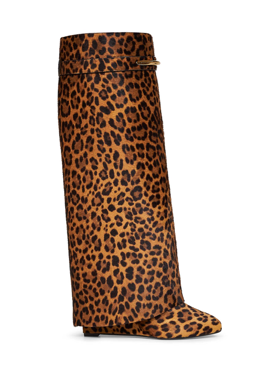 Knee-High Shark Pinch Leopard Pony-Effect Leather Boots Black Calf