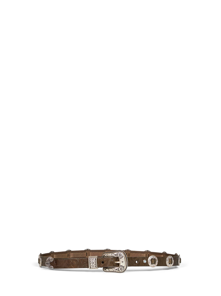 Belt Thin Lace Embossed Calf Leather Green