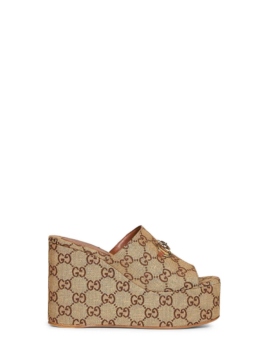 Wedge Sandals Horsebit Beige-Dark Brown