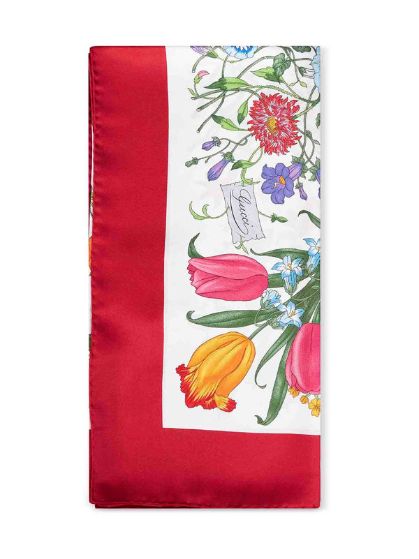 Silk Twill Scarf With Flora Print Red