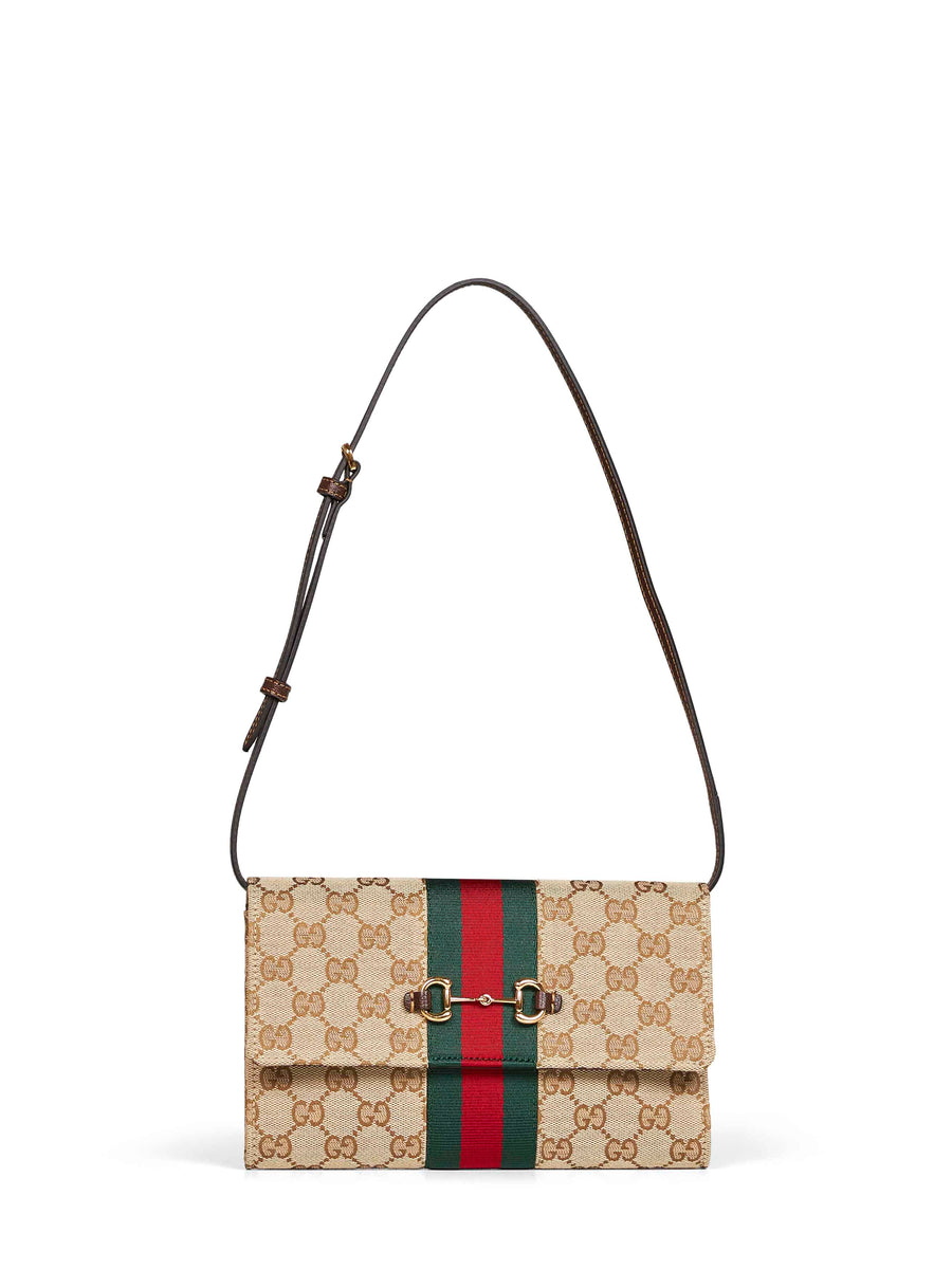 Foldover Horsebit Wallet Beige Calfskin Shoulder Bags