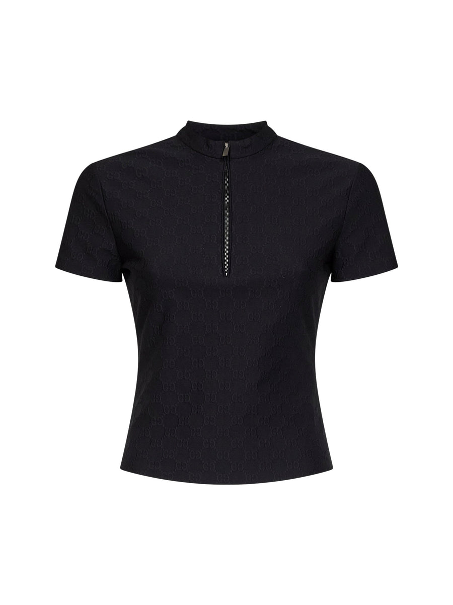 T-Shirt Half-Zip Jacquard Black Viscose Polo Tops