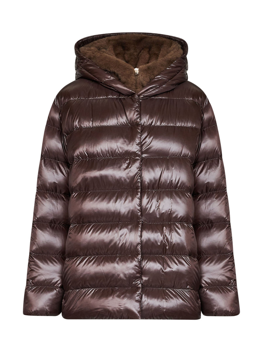 Down Jacket Ultralight Nylon And Faux Fur Brown Polyamide Puffer