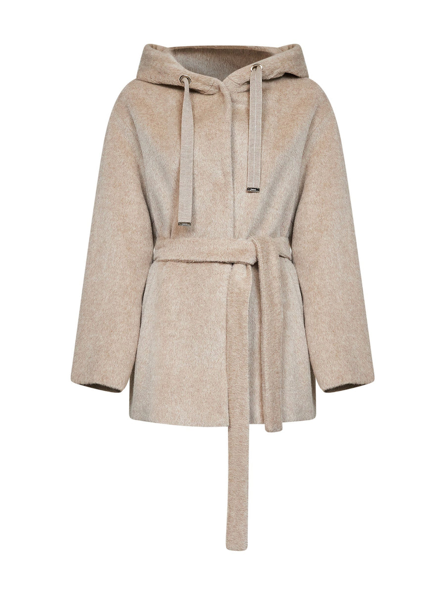 Midi Hooded Belted Jacket Beige Alpaca Bomber