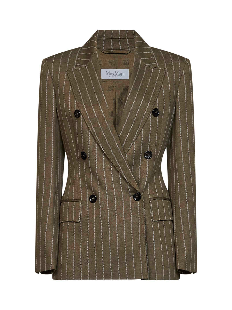 Double-Breasted Blazer Mxmbalta Pinstriped Jersey Green Viscose Jacket