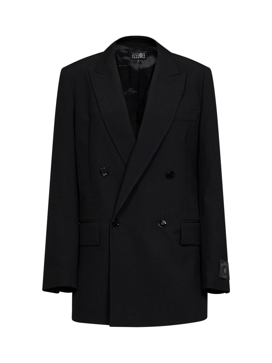 Blazer Double-Breasted Black Wool-Blend Polyester Jacket