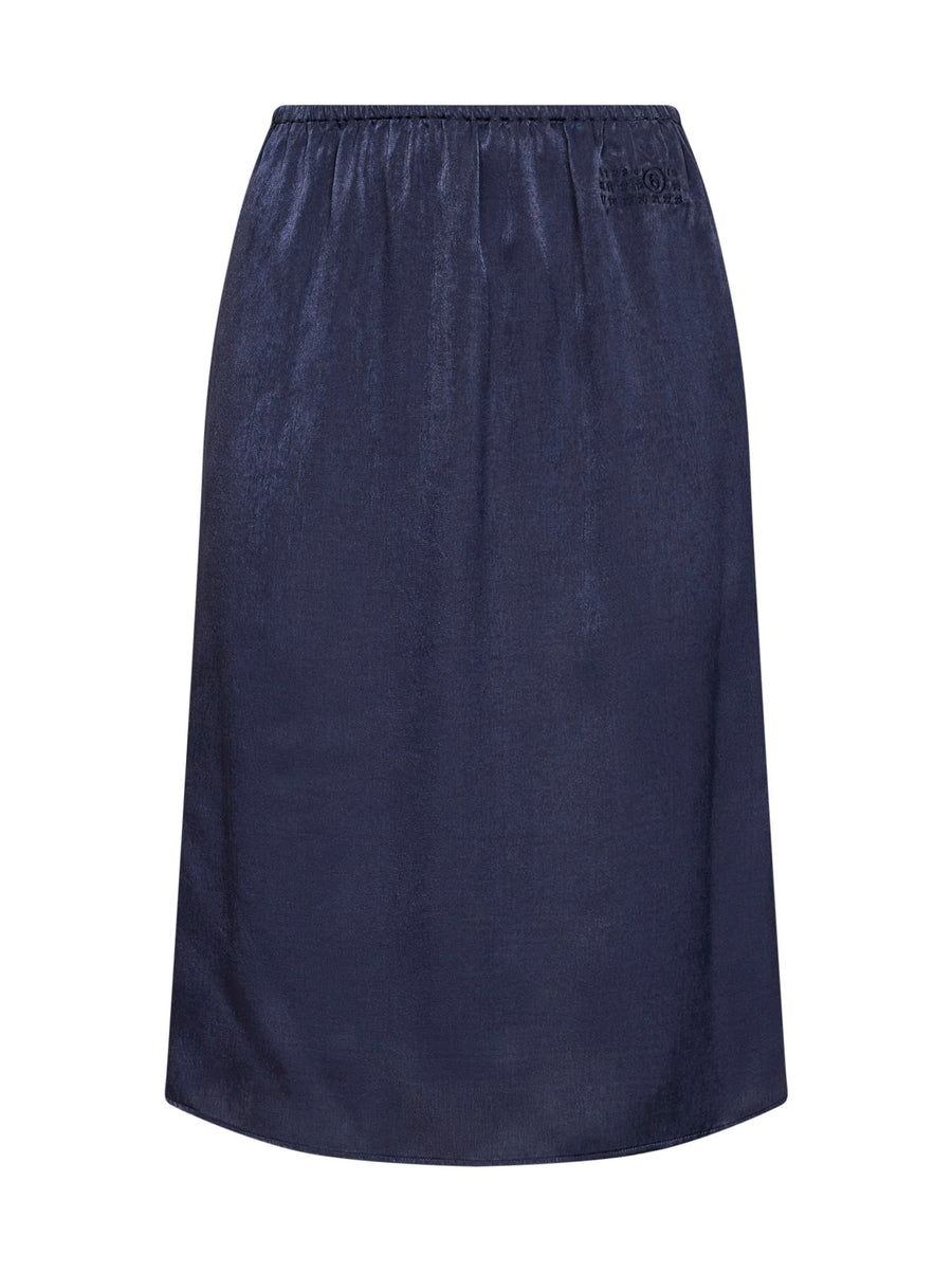 Midi Skirt Midnight Blue Velvet-Effect Satin Polyester