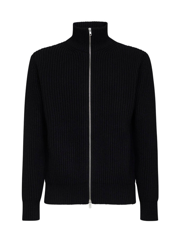 Knit Zip-Up Cardigan Black Wool Blend