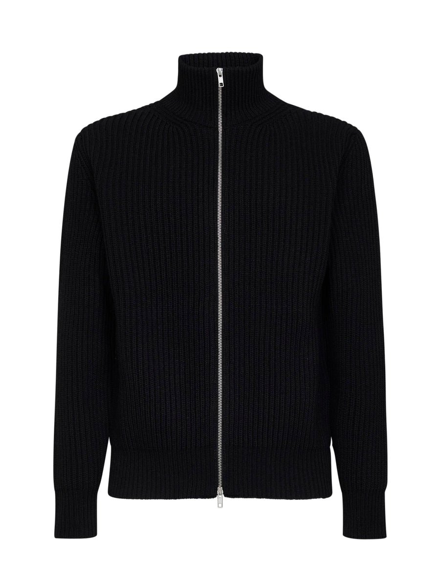 Knit Zip-Up Cardigan Black Wool Blend