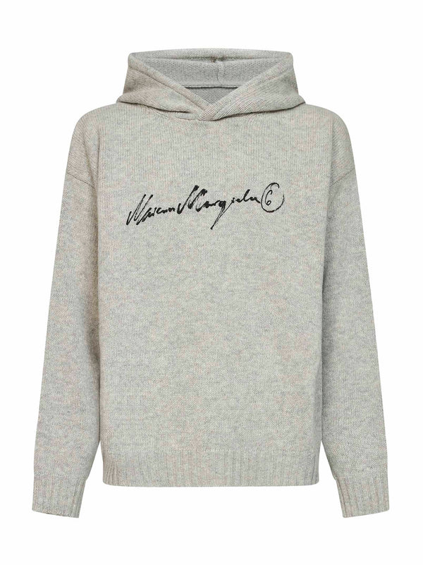 Knit Hoodie Melange Grey Wool Blend Black Knitwear