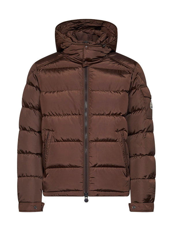 Short Hooded Down Jacket Matte Brown Polyamide Padded &