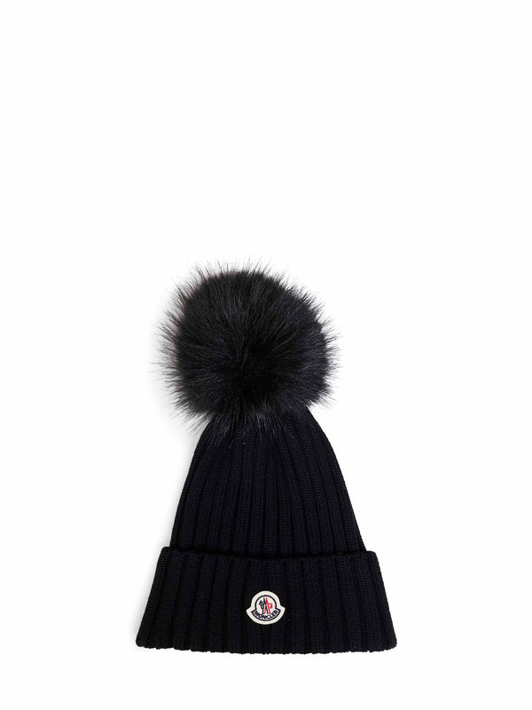 Wool Pom-Pom Beanie Black Virgin Hat