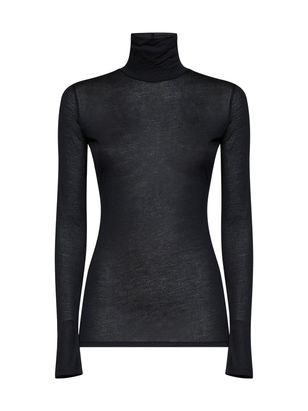 Sheer Modal And Silk Turtleneck Top Black