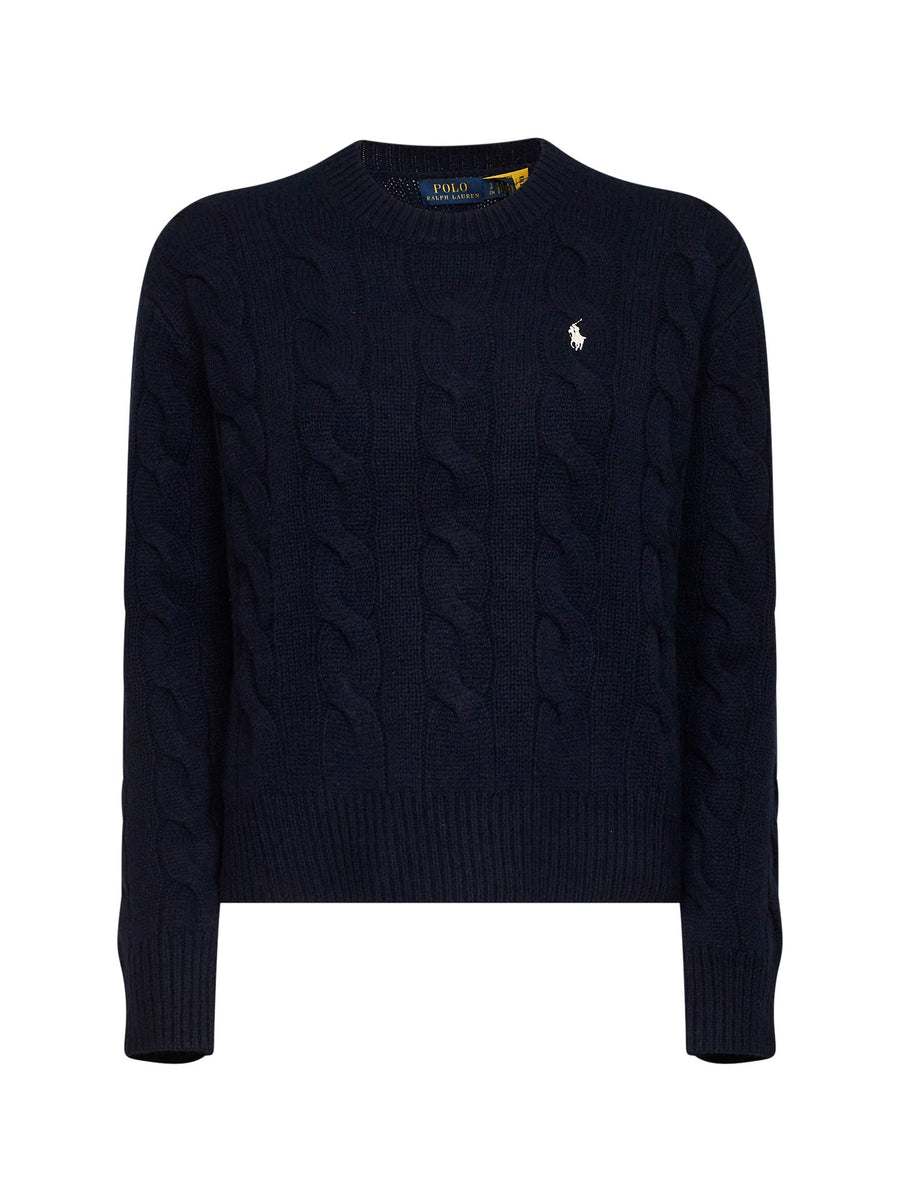 Cable-Knit Crewneck Sweater, Wool-Cashmere Blue