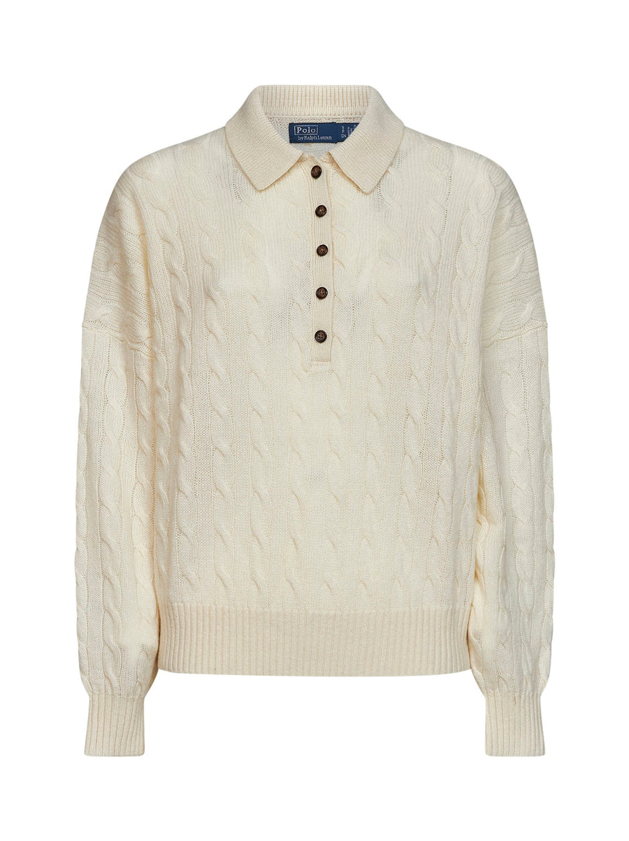 Polo Shirt Cable-Knit Wool-Cashmere Ivory Knitwear