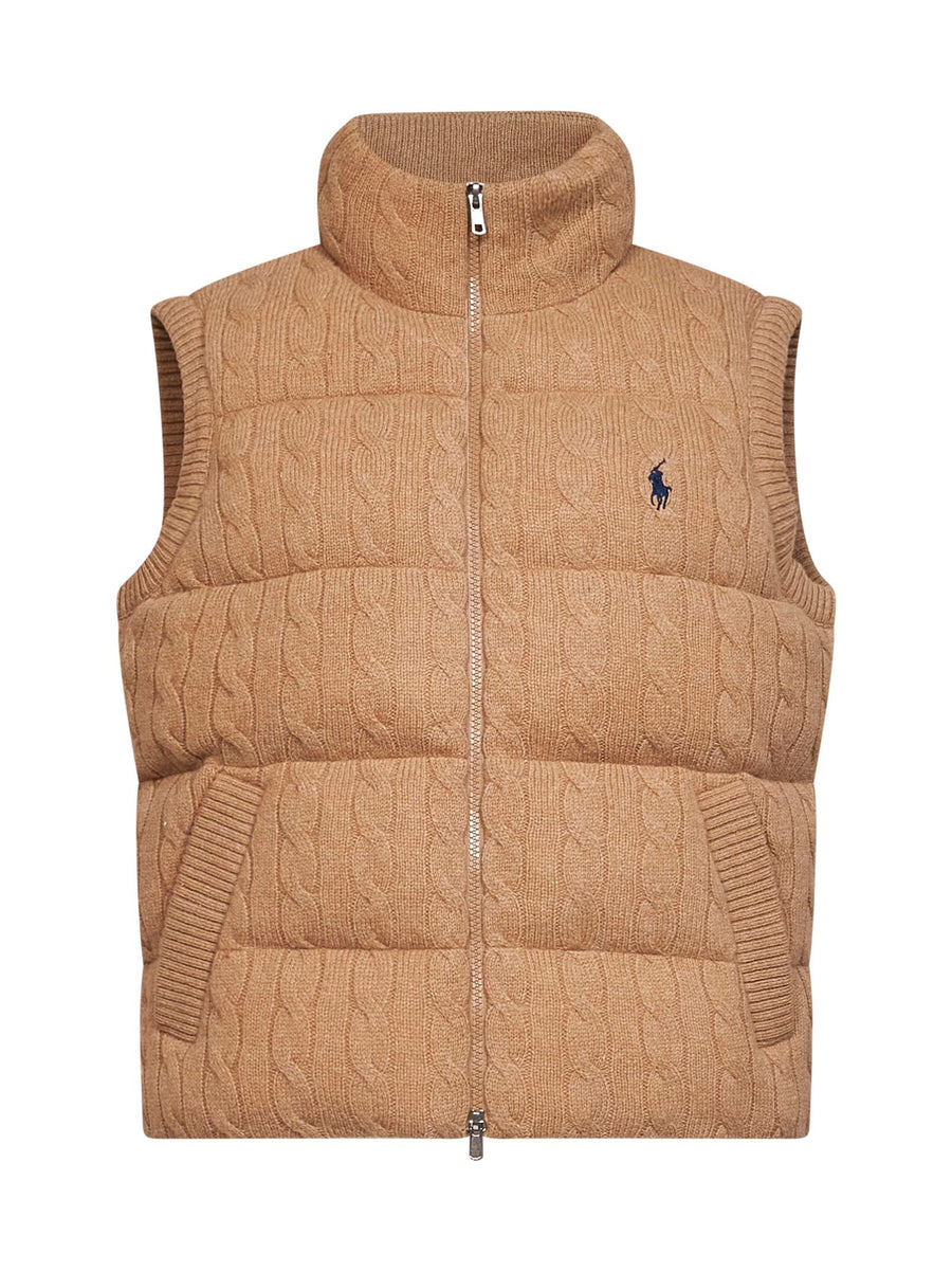 Padded Cable-Knit Vest Camel Wool Bomber Jackets