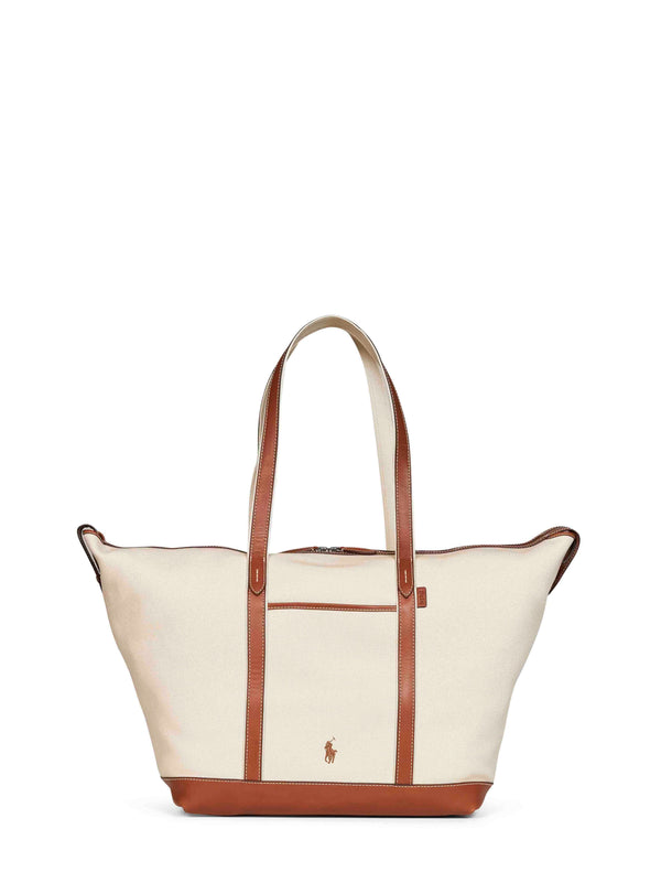 Large Tote Shopper Ivory-Tan Cotton Shoulder Bags