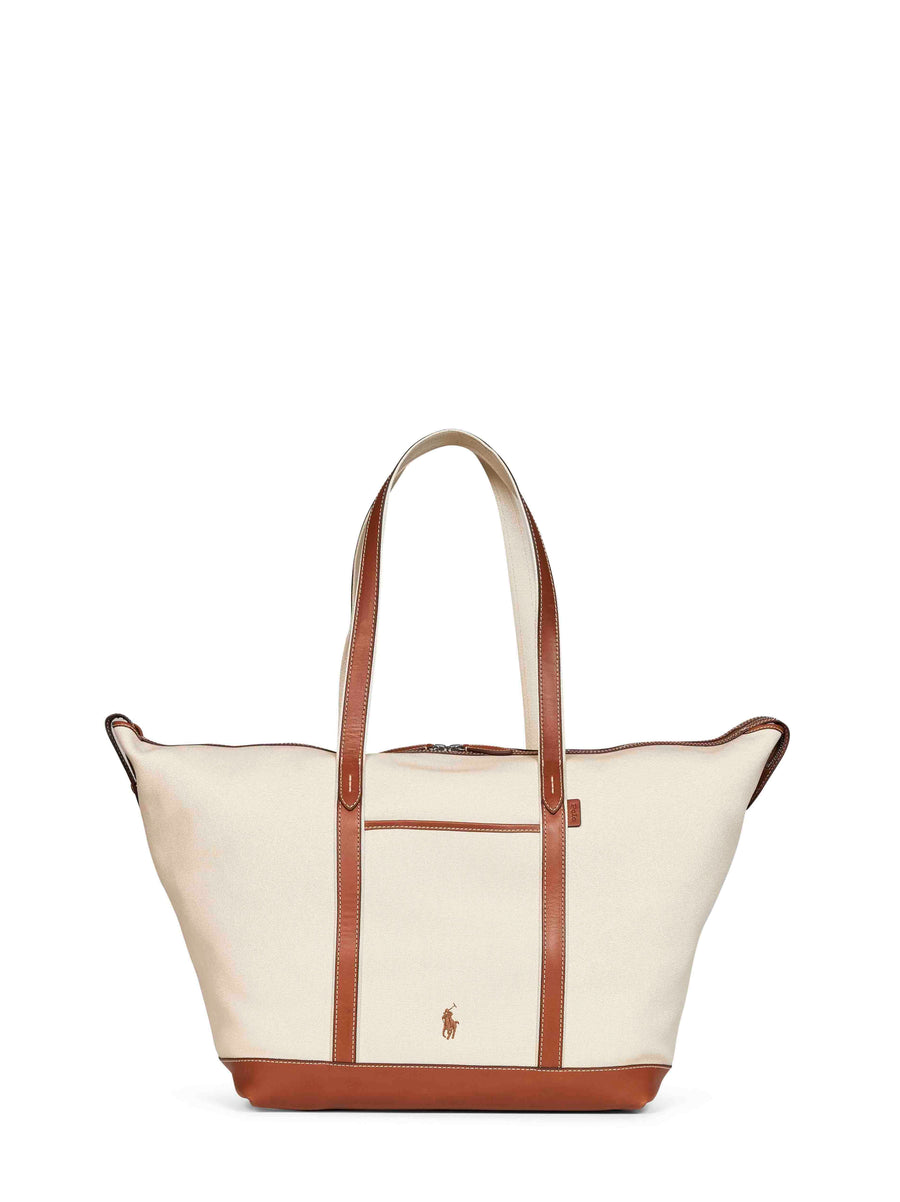 Large Tote Shopper Ivory-Tan Cotton Shoulder Bags