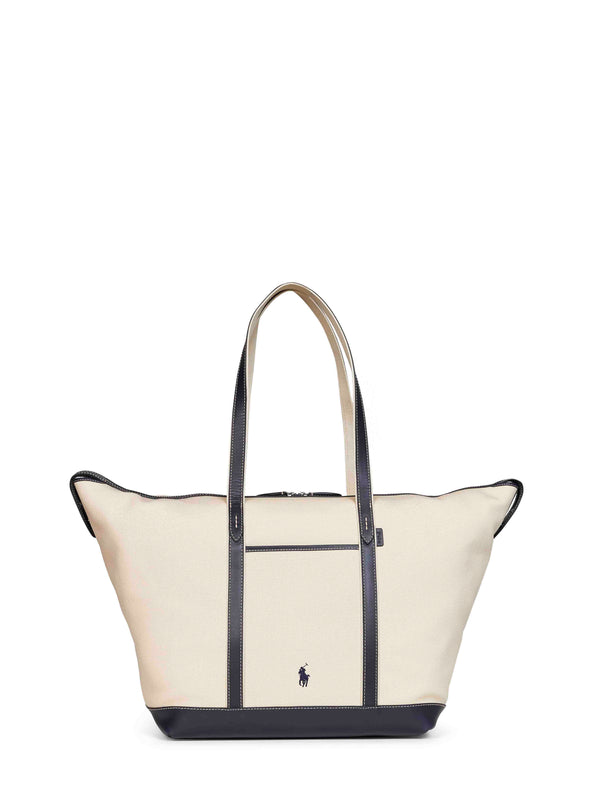 Large Tote Shopper Ecru-Navy Ivory Cotton Shoulder Bags