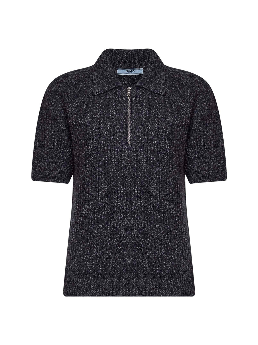 Knit Polo Shirt Textured Melange Brown Viscose Knitwear