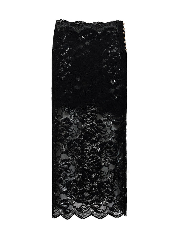 Midi Skirt Black Floral Lace Polyamide