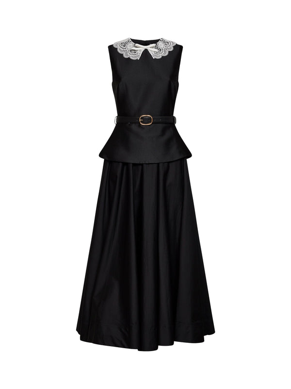 Peplum Midi Dress Black Taffeta Polyester