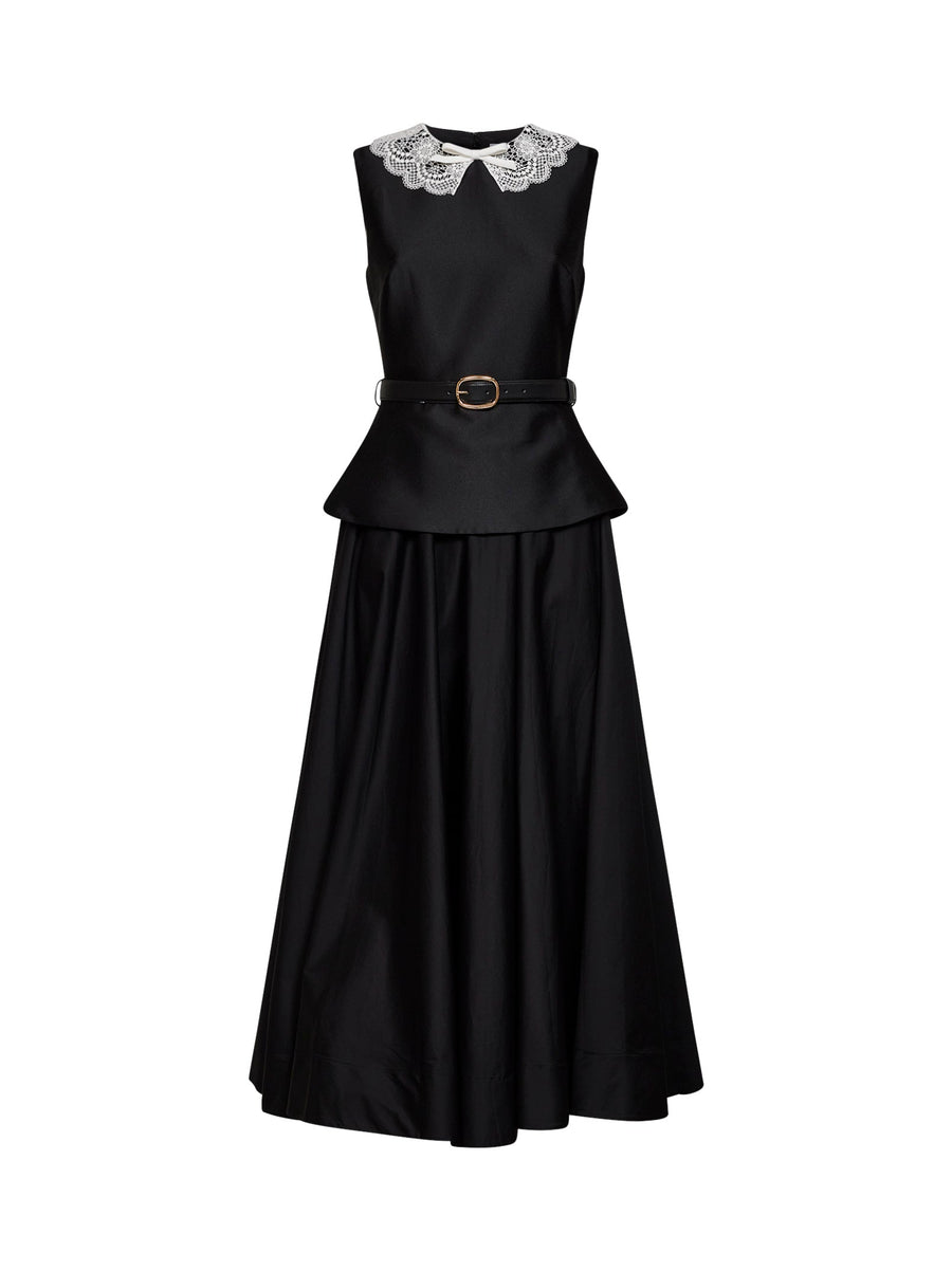 Peplum Midi Dress Black Taffeta Polyester