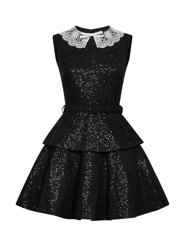 Mini Dress Sequin Bouclé Belted Black Polyester