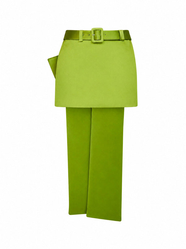 Mini Skirt Green Satin With Belt Polyester