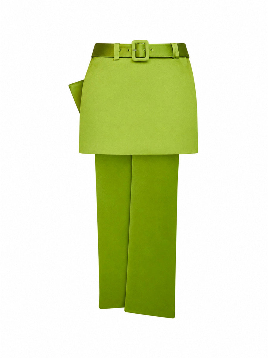 Mini Skirt Green Satin With Belt Polyester