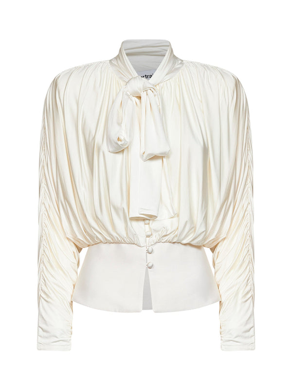 Gathered Tie Neck Jersey Top Ivory Viscose Tops