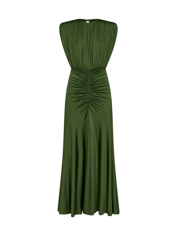 Long Gathered Jersey Dress Olive Green Viscose