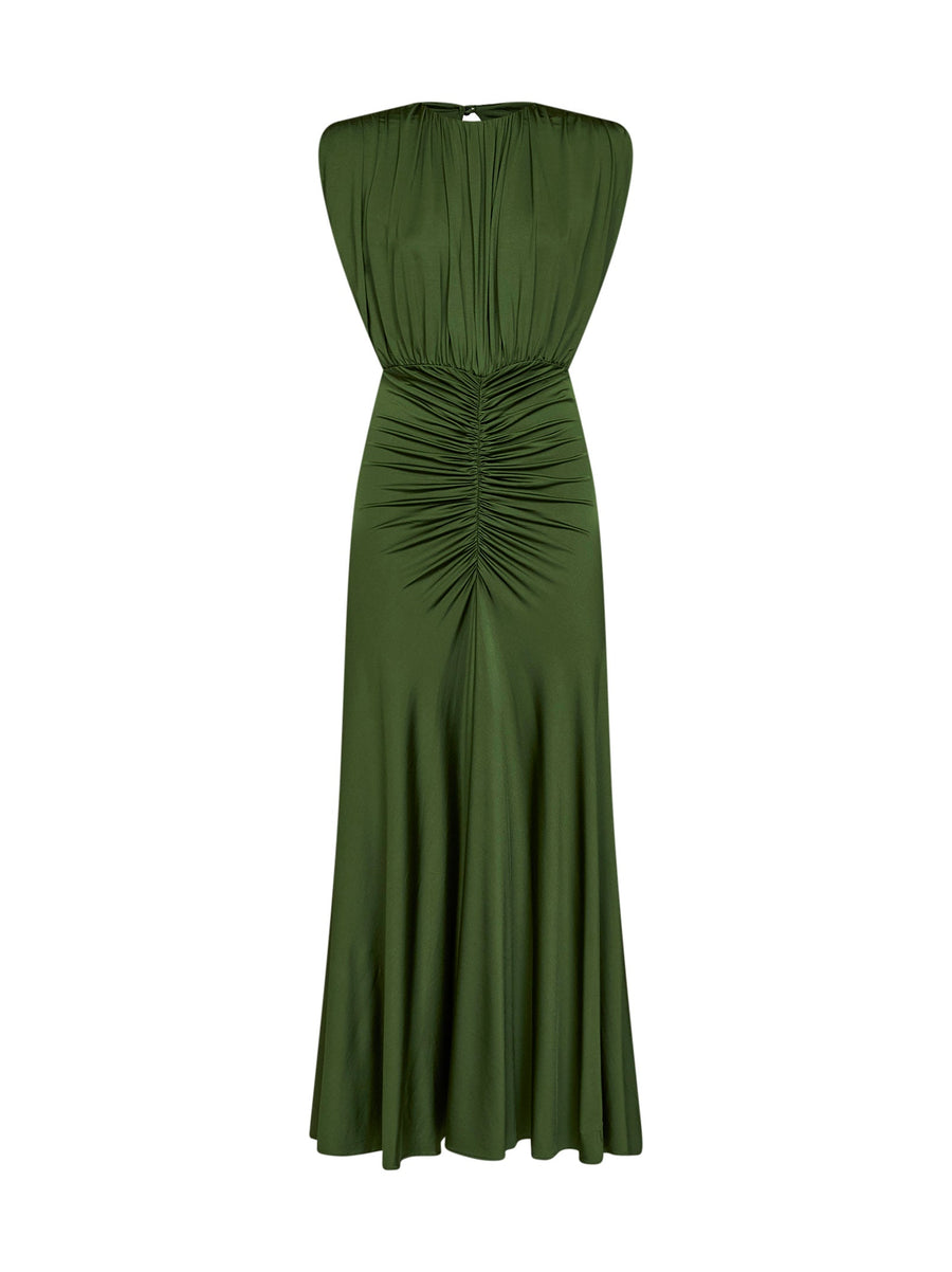 Long Gathered Jersey Dress Olive Green Viscose