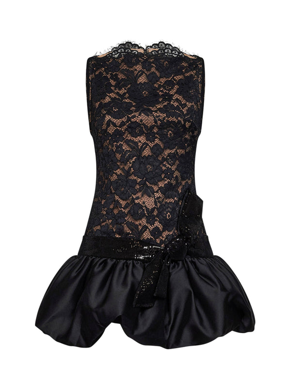 Lace Mini Dress With Bubble Hem Black Polyester