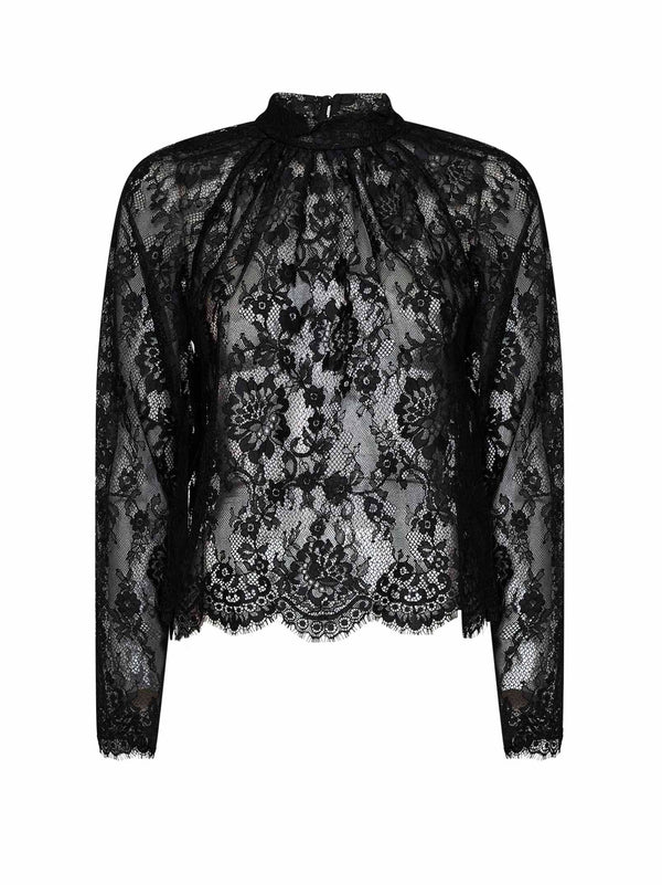 Long-Sleeved Lace Blouse Black Polyamide