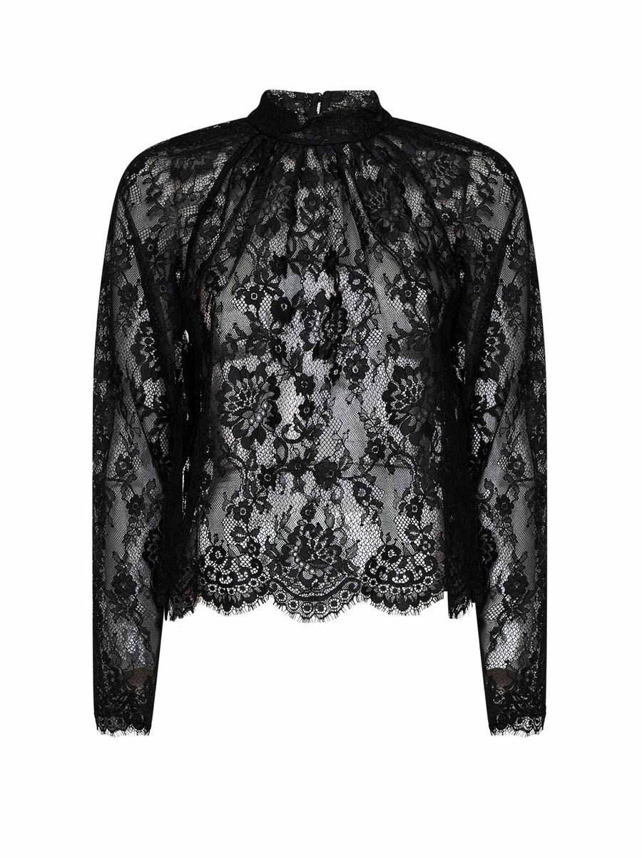 Long-Sleeved Lace Blouse Black Polyamide
