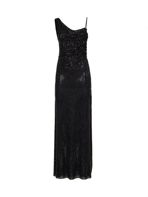Maxi Dress Draped Tulle Black Polyester