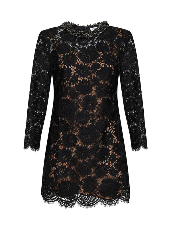 Lace Mini Dress Long-Sleeved Black Polyamide