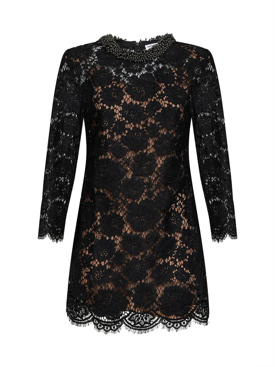 Lace Mini Dress Long-Sleeved Black Polyamide