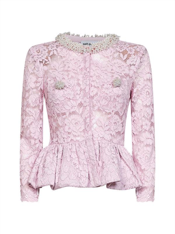 Lace Top With Peplum Hem Pink Polyester Tops