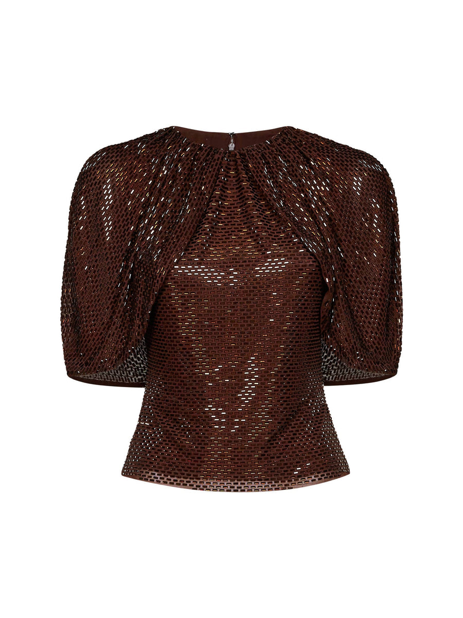 Tulle Top With Cape Sleeves And Rhinestones, Brown Polyester Tops
