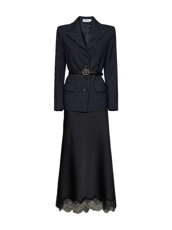 Tailored Pinstriped Dress With Satin Skirt Grey Polyester