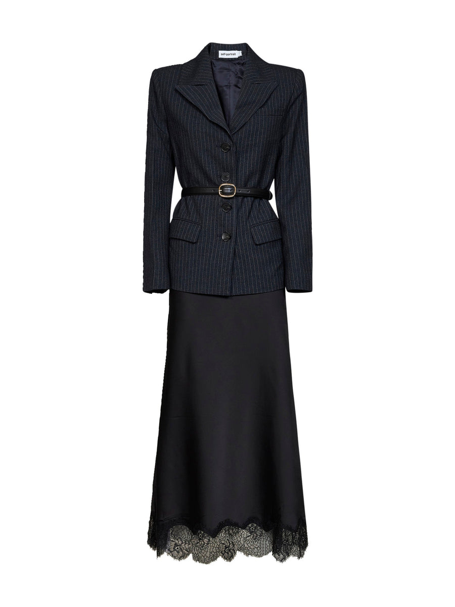 Tailored Pinstriped Dress With Satin Skirt Grey Polyester