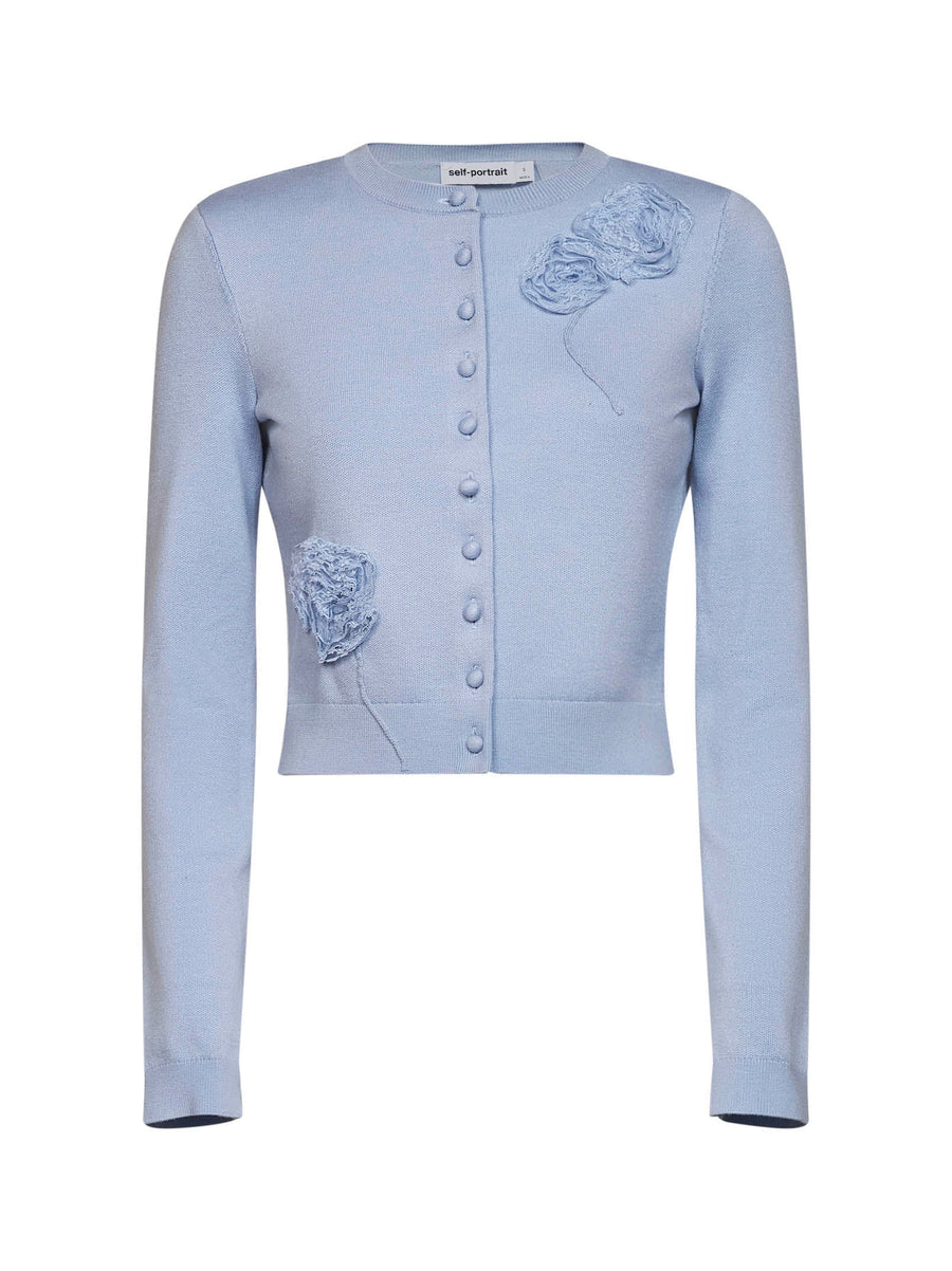 Knit Cardigan With Floral Detail - Blue Polyester Cardigans