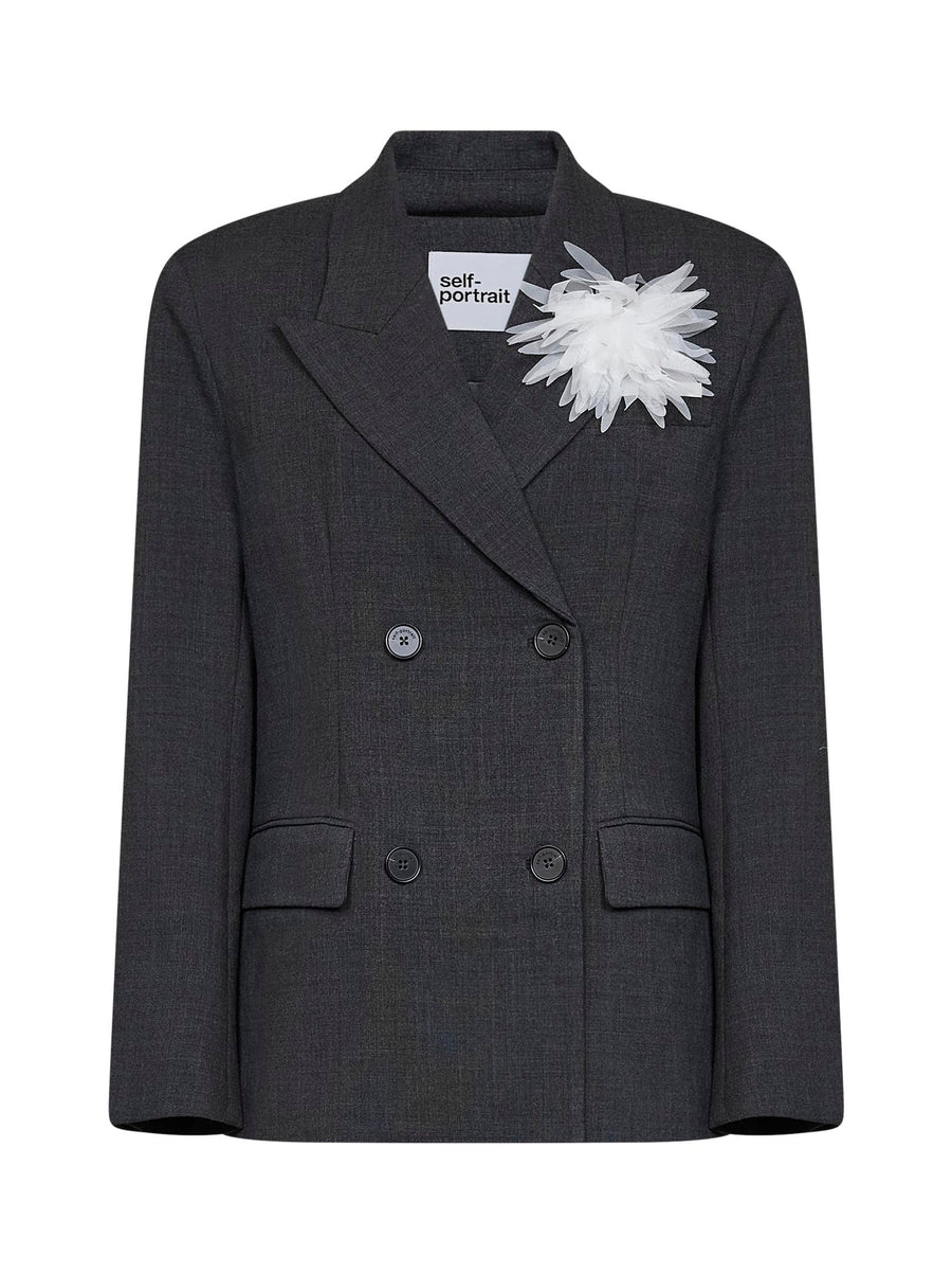 Double-Breasted Wool-Blend Blazer Grey Polyester Jacket