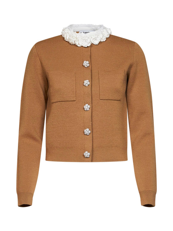Cardigan Embellished Wool-Blend Knit Camel Cardigans