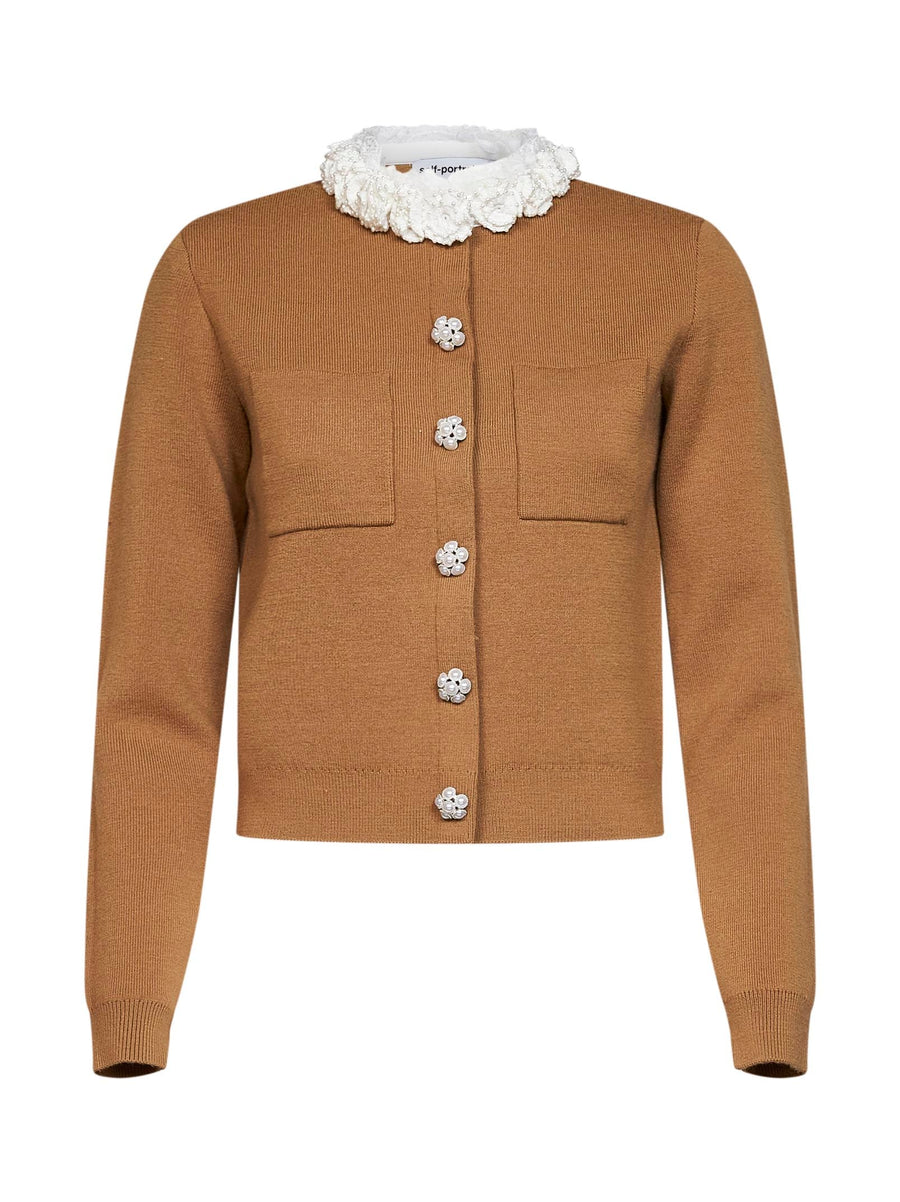 Cardigan Embellished Wool-Blend Knit Camel Cardigans