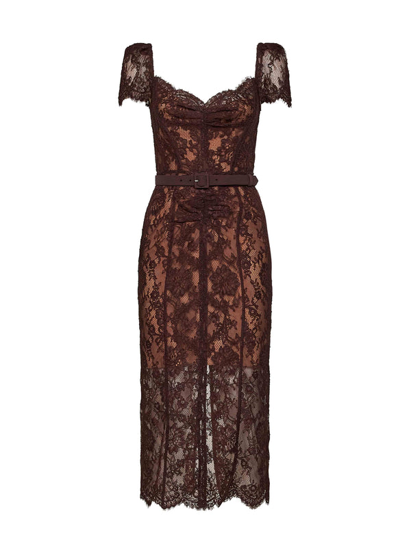 Midi Dress Brown Floral Lace Polyamide