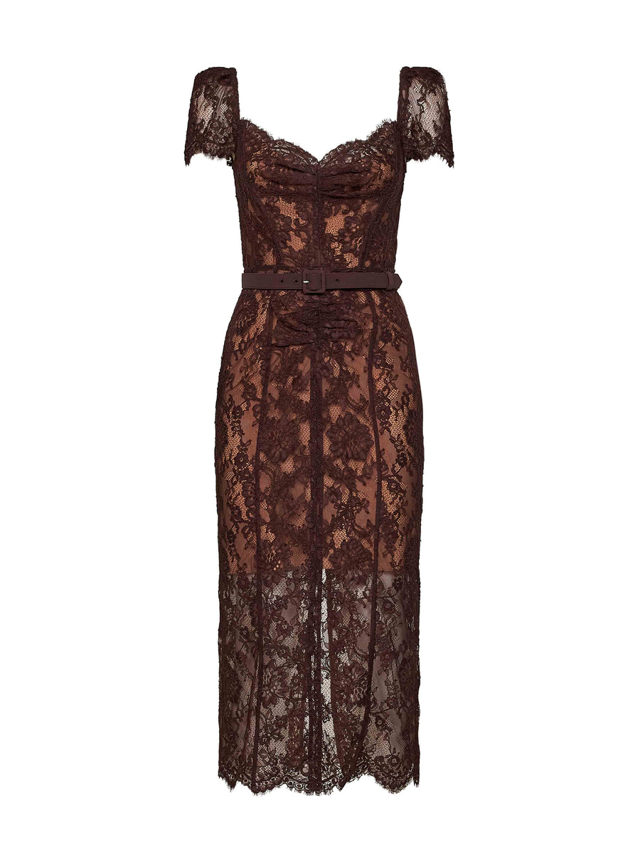 Midi Dress Brown Floral Lace Polyamide