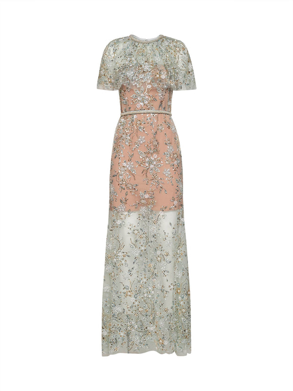Dress With Tulle Cape Green Polyester